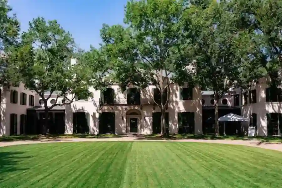 During the daytime, you can see the Bayou Bend Collection, a white concrete building situated amidst lush green trees.